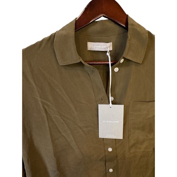 EVERLANE NWT Button Down 100% Silk Oversized Longsleeve Shirt Olive Green Size 0 - Picture 4 of 9